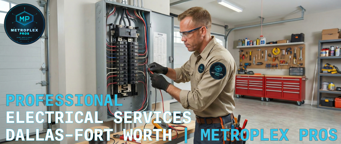 MetroPlex Pros electrician installing electrical panel in Dallas-Fort Worth